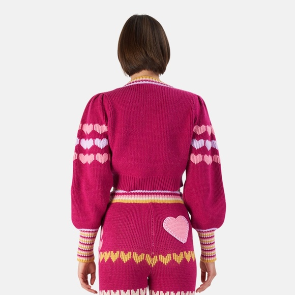 LoveShackFancy Buena Heart Print Cropped Cardigan in Warm Heart - Picture 3 of 16